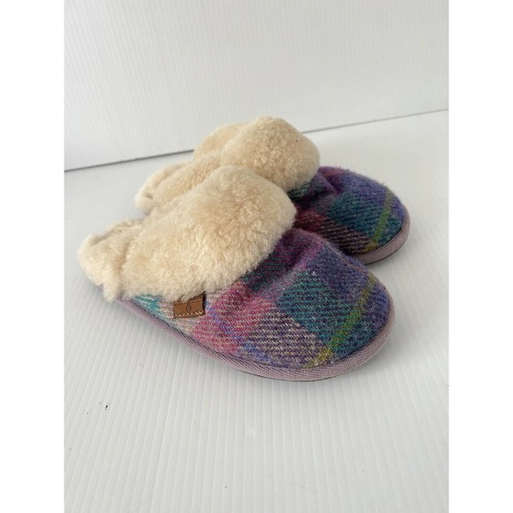 BEDROOM ATHLETICS Harris Tweed Pink/Purple Plaid Wool Shearling Slippers 5-6 US - Picture 1 of 5